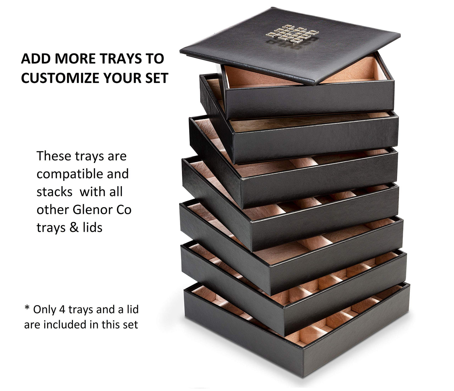 Glenor Co Earring Organizer Tray - 4 Stackable Trays with Lid -45 Slot Classic Jewelry Storage Display Case for Drawer or Dresser - Holder for Earring Ring Necklace or Cufflinks - Large Mirror - Black