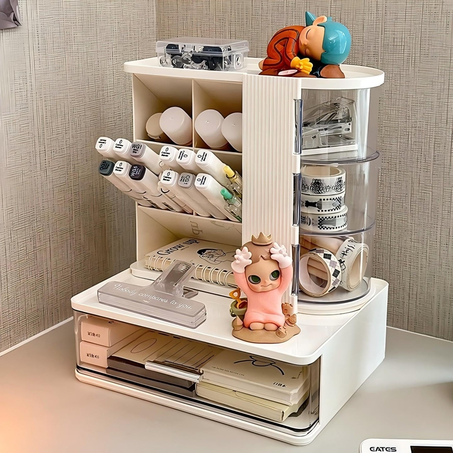 AevumTech Makeup Organizer with 3 Rotating & Dustproof Drawers, Large Capacity Cosmetic Storage Box with Makeup Brush Holder, Make up Organizers for Vanity, Dresser, Bathroom (White)