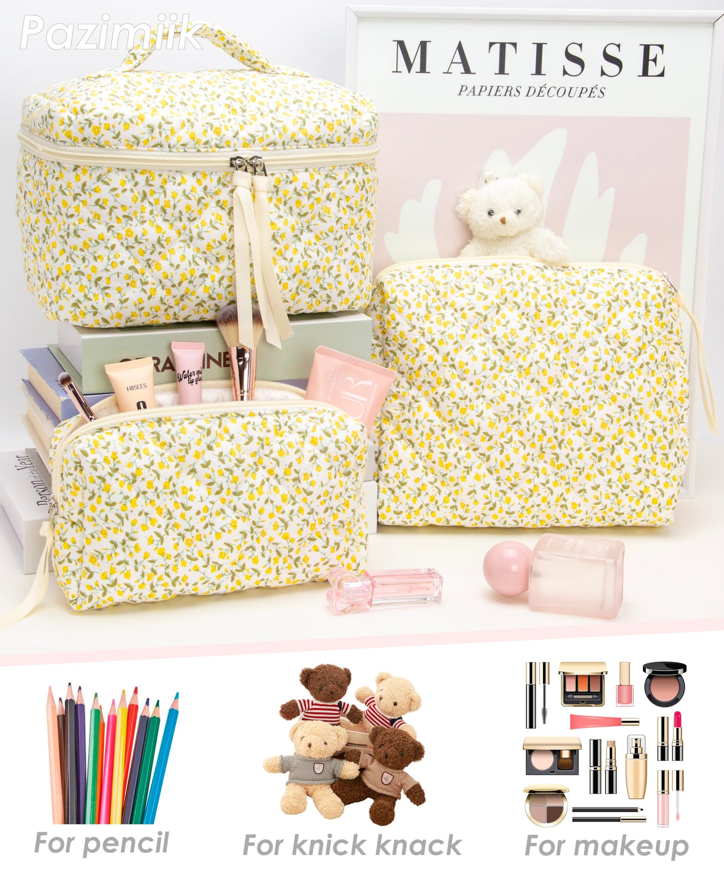 PAZIMIIK 3PCS Makeup Bag SET Large Travel Quilted Zipper Soft Cosmetic Case Pouch for Women Girls Make Up,Floral Yellow