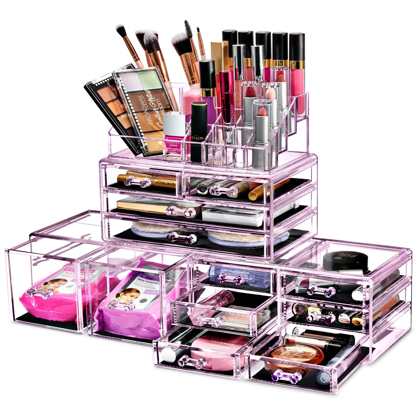Sorbus Large Makeup Organizer - Clear Stackable Jewelry & Makeup Organizer For Vanity, Bathroom Storage, Dresser - 12 Drawers Cosmetic Beauty Organizers and Storage with Lipstick, Makeup Brush Holder