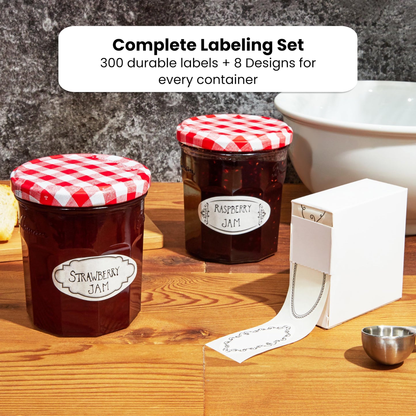 Juvale Dissolvable Food Labels - 300 Pack, White Rectangular, 1.1 x 2.25 in - Canning Jar Labels & Pantry & Freezer Container Stickers - 8 Unique Designs
