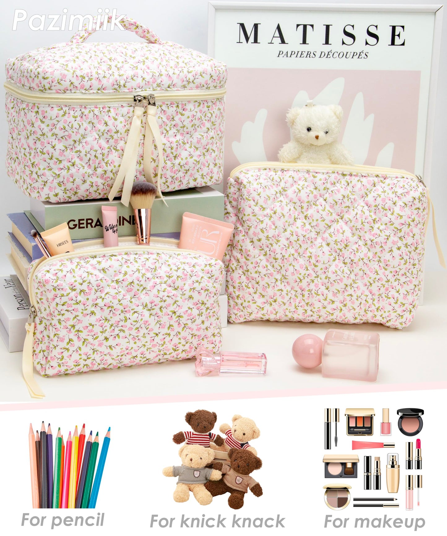 3PCS Makeup Bag SET Large Travel Quilted Zipper Soft Cosmetic Case Pouch for Women Girls Make Up,Floral Pink