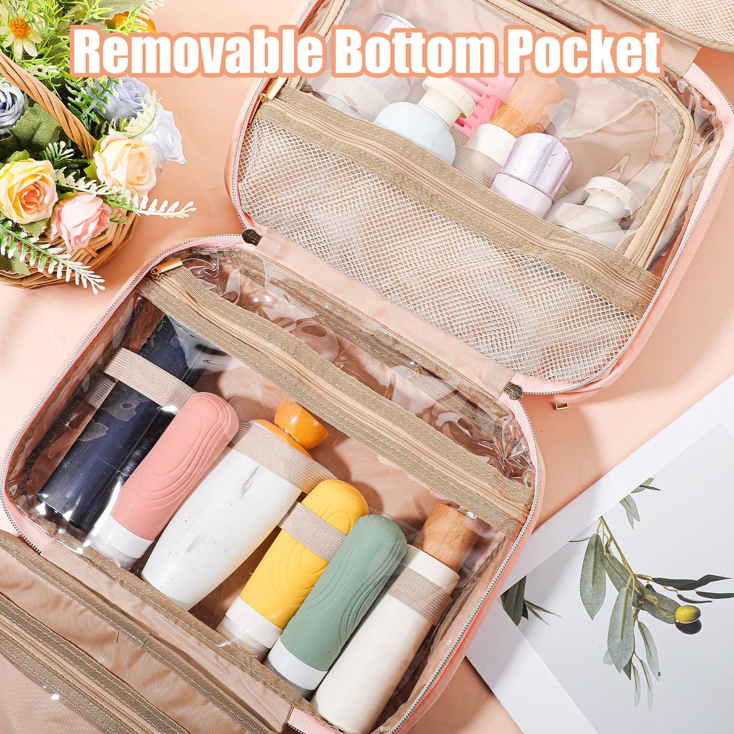 Ckhoid Travel Hanging Toiletry Bag for Women Foldable Makeup Bag with Jewelry Organizer Compartment, PVC Waterproof Cosmetic Travel Bag for Business Camping Bathroom Pink Toiletry Organizer(Pink)