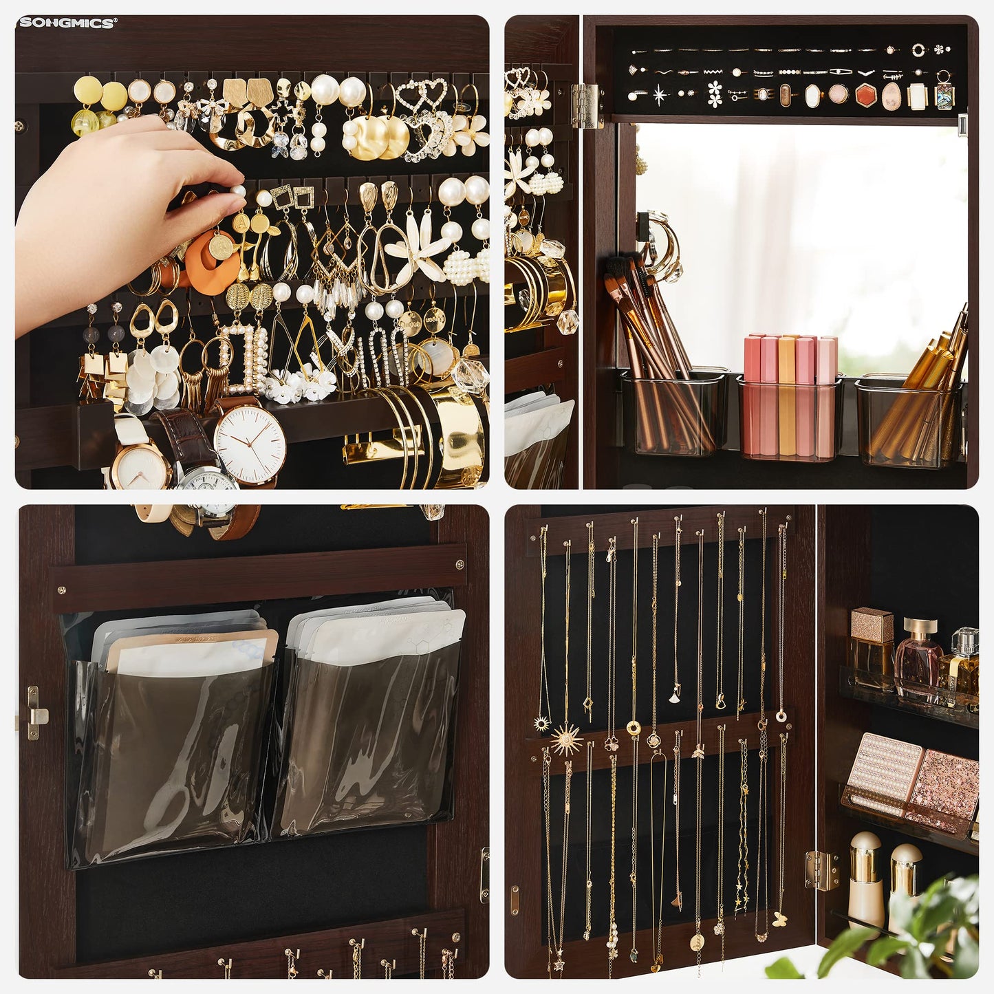 SONGMICS Jewelry Cabinet Armoire, Wall or Door Mount Storage Organizer with Full-Length Frameless Mirror, Lockable Cabinet with Built-in Small Mirror, Shelves, Gift Idea, Brown UJJC003K01