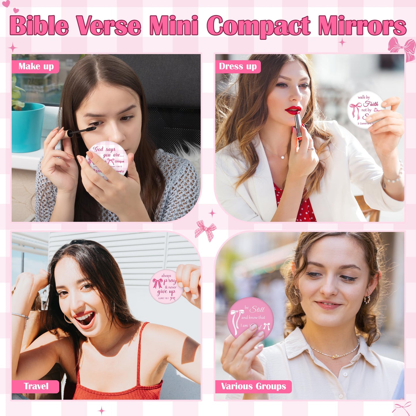 Y1tvei Bow Bible Compact Mirrors - 36Pcs Bowtie White Pink Bible Verse Mini Compact Mirrors, Bow Knot Small Portable Round Pocket Mirror Christian Inspirational Church Party Favors Gifts for Women