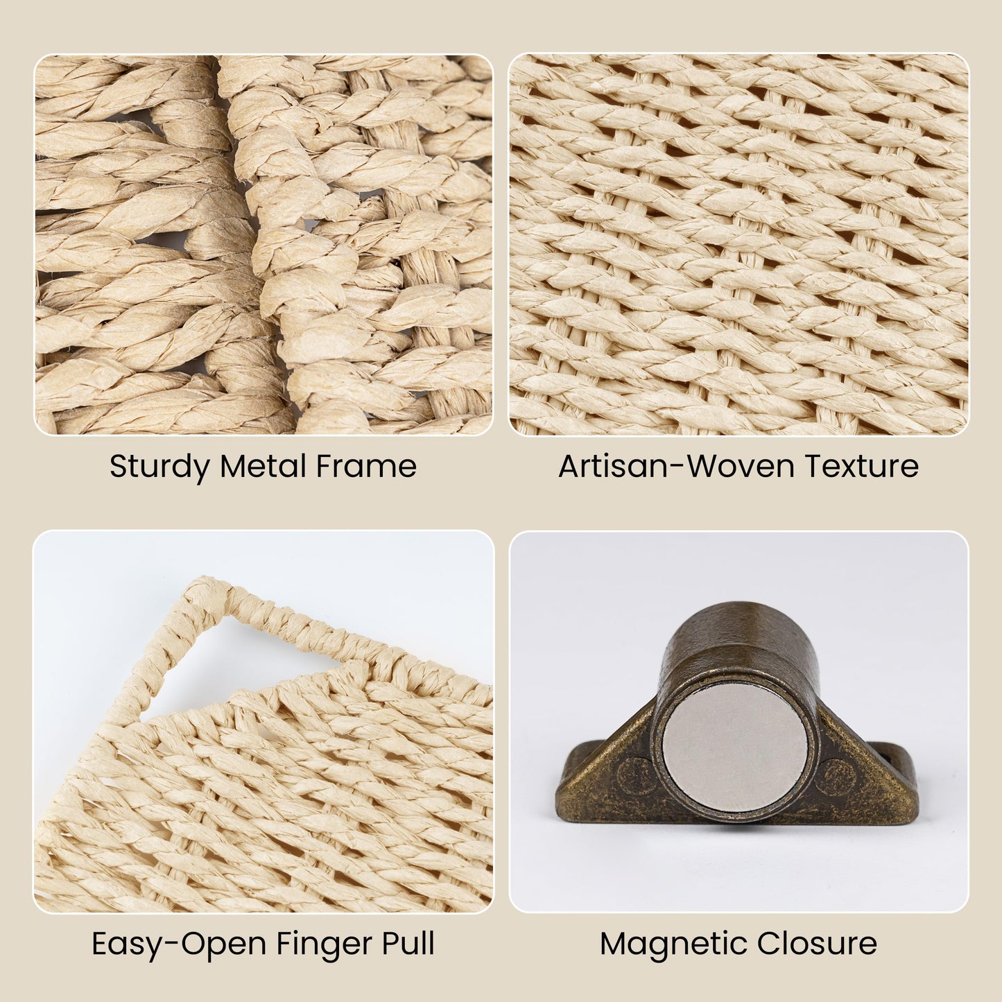 AELS 13" Handwoven Natural Fibre Doors for Cube Storage - Set of 4, Boho Straw Shelf Cover for Bookcase & Open Bookshelf, Rustic Farmhouse Home Decor, Fit IKEA Kallax Shelf - Beige (Door ONLY)