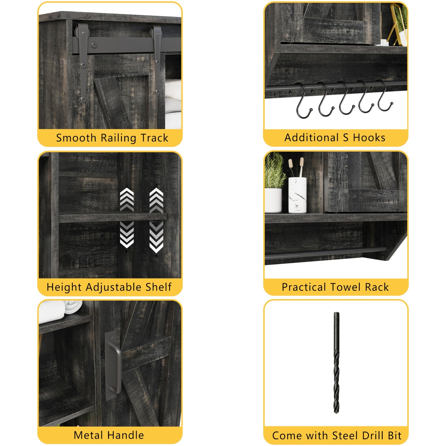 Trironsun Farmhouse Medicine Cabinet 2 Sliding Barn Doors 3 Tier Rustic Wood Wall Storage Cabinet Adjustable Shelf Towel Bar Wall Mounted Bathroom Wall Cabinet