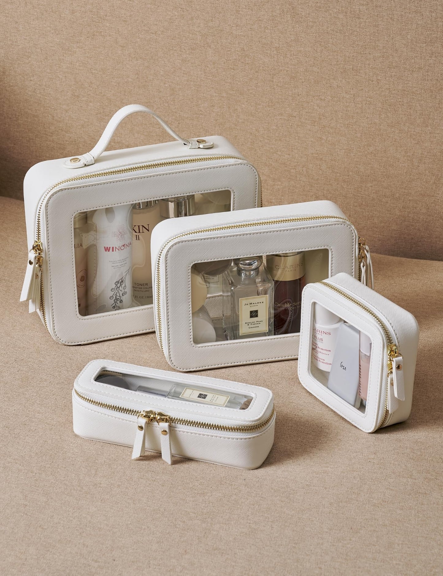 Popvibe Clear Makeup Case White Toiletry Bag Travel Medium Clear Cosmetic Bag with Zipper, Small Make Up Bag Organizer Traveling TSA Approved Transparent Bag Car for Essentials