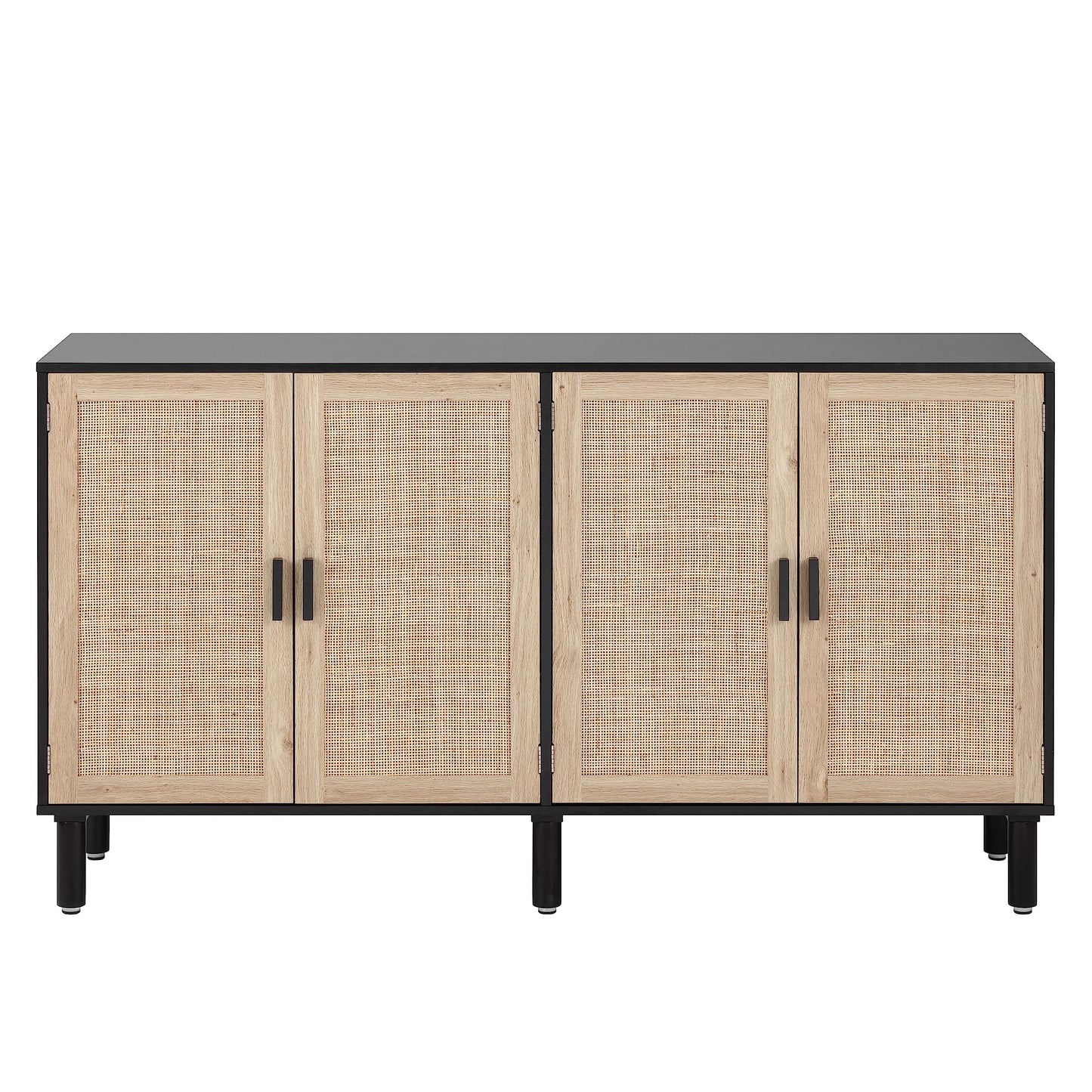 Finnhomy 4 Door Sideboard Buffet Cabinet, Kitchen Storage Cabinet with Rattan Decorated Doors, Cupboard Console Table, Boho Accent Liquor Cabinet, Bar Cabient, 62.3X 15.7X 34.6 Inches, Black