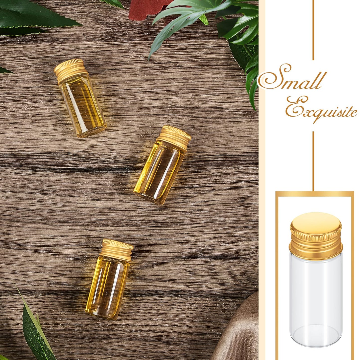 Didaey 100 Pcs Small Clear Vials Spice Mini Jars with Lids Mini Glass Bottles with Screw Aluminum Metal Caps Tiny Jars Sample Containers for Powder Cream Cosmetic Jewelry Wedding (10 ml,Gold Caps)