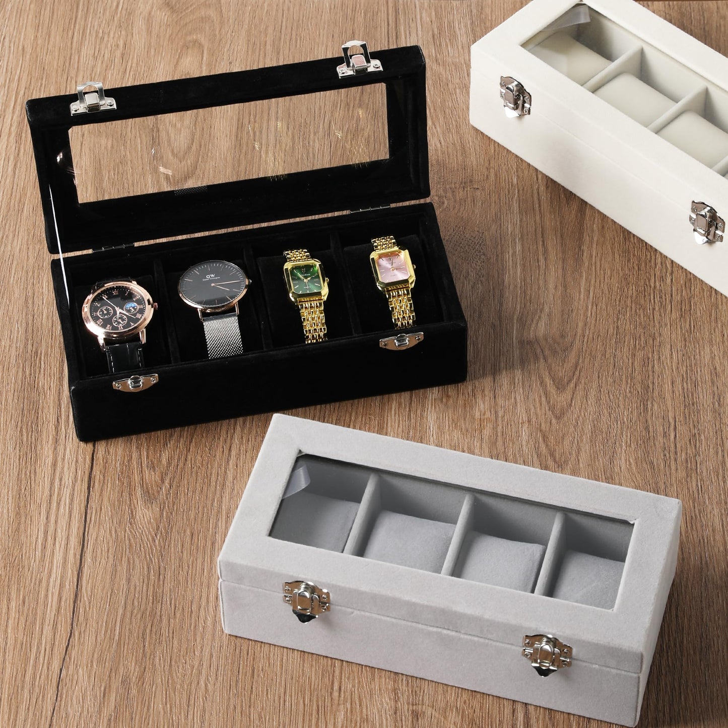 Frebeauty 4-Slot Watch Box,Velvet Watch Case with Glass Lid,Watch Organizer Box for Men and Women,Lockable Watch Storage,Watch Display Case,Ideal Gift(Beige)