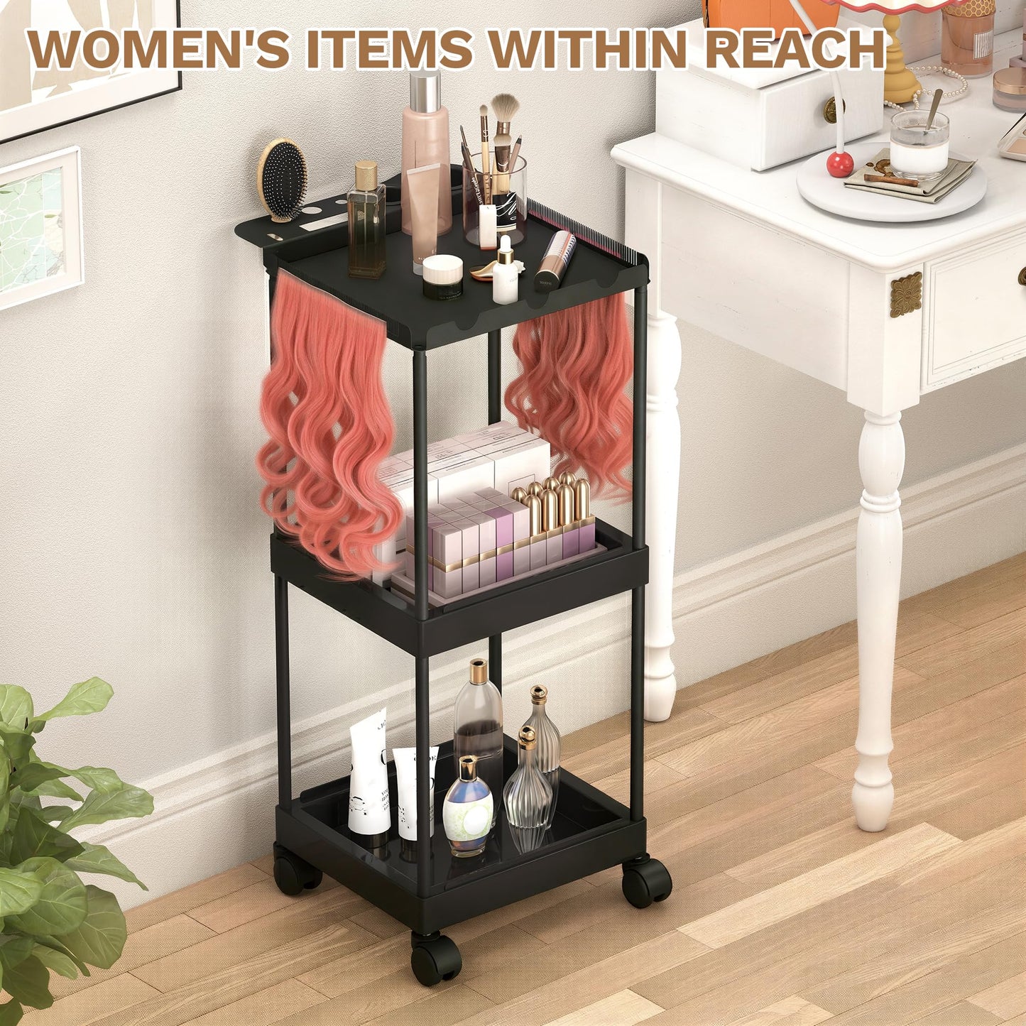 3 Tier Hair Extension Holder, Rolling Hair Extension Tool Trolley Cart, Wigs Styling Braiding Rack Separator Stand, Hairstylist Extensions Hanger Display Stand for Home Beauty Hair Salon Hairdressing