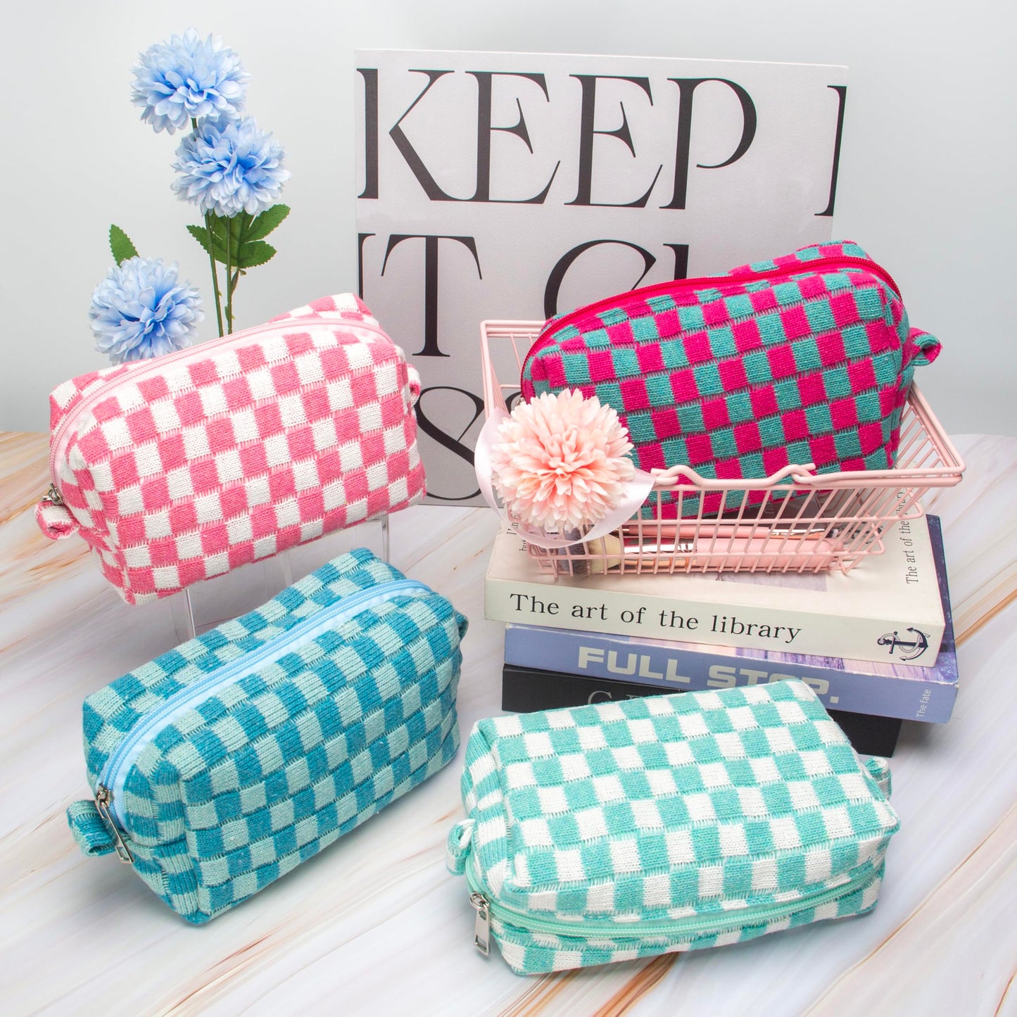 PAZIMIIK Checkered Makeup Bag for Purse Portable Zipper Make Up Pouch Small Cosmetic Case for Travel Accessories (6PCS Arctic Blue)