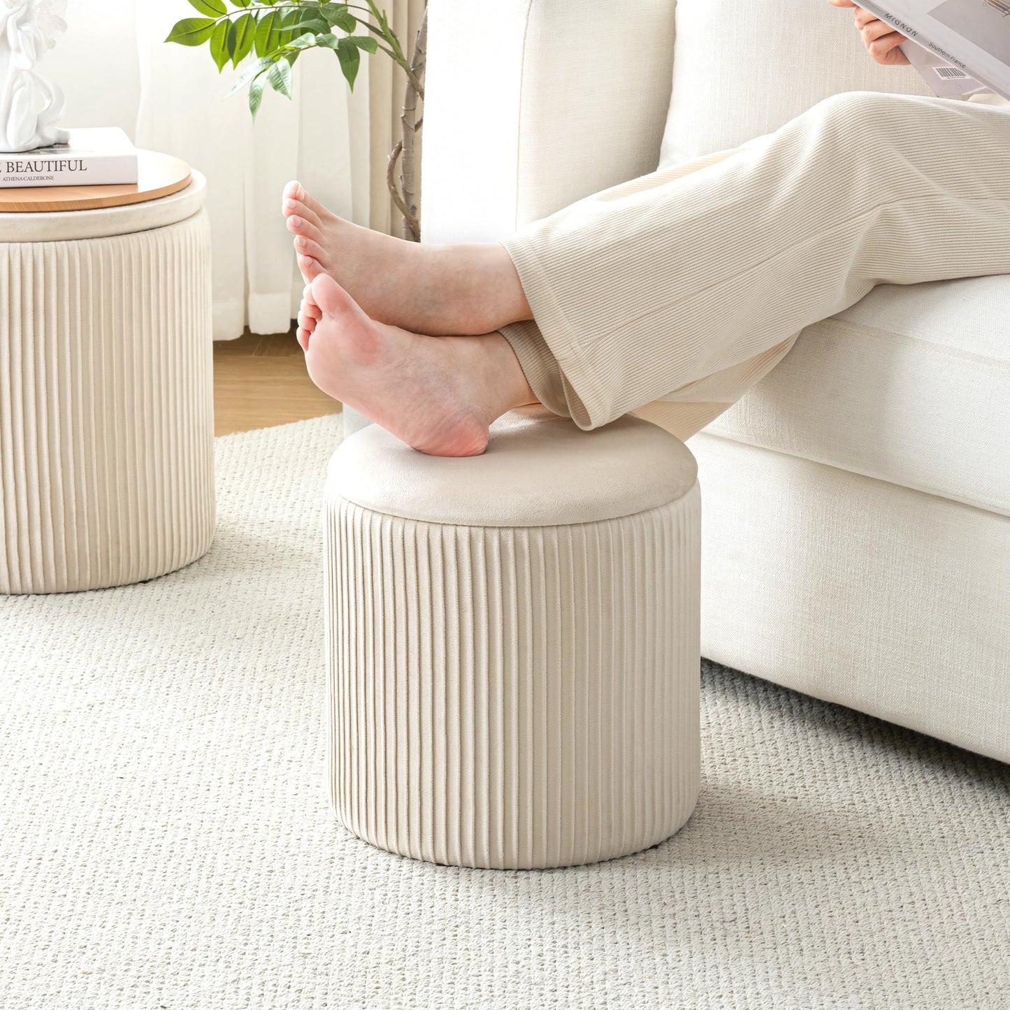 NicBex Round Ottoman with Storage Set of 2, Velvet Foot Stools, Multifunctional Upholstered Vanity Stool, Padded Storage Ottoman for Living Room & Bedroom, Beige