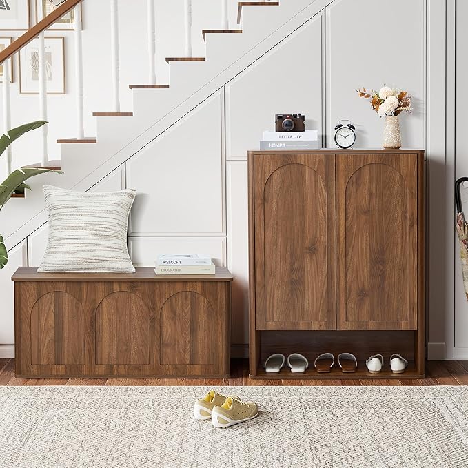Tall and Large Shoe Storage Cabinet Set of 2 with Doors and Adjustable Shelves, 5-Tier Modern Shoe Rack Cabinet Storage for Entryway, Entrance, Hallway, Foyer/Kitchen Sideboard - Walnut