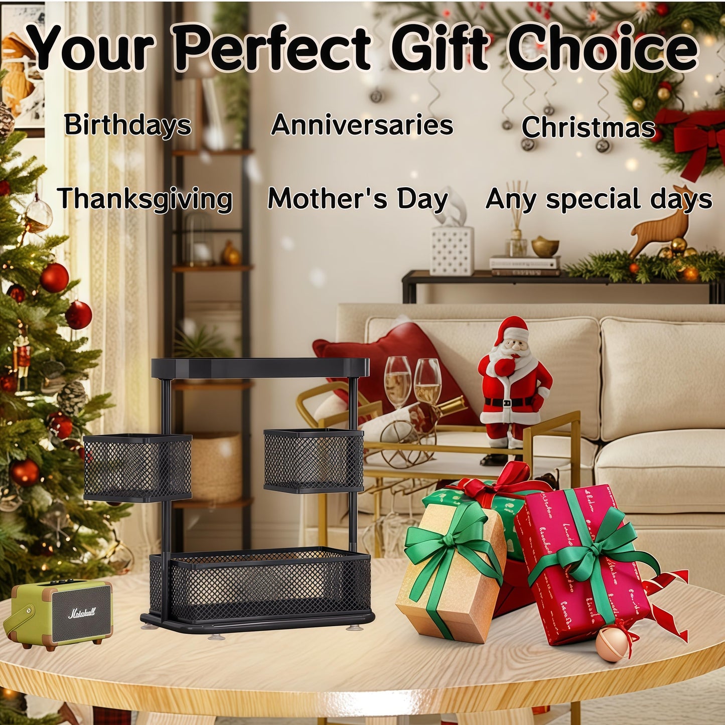 Dazioter 3-Tier Rotating Bathroom Organizer 360° Cosmetic Holder with Anti-Slip Base for Countertop, Vanity, Kitchen Spice Rack Metal Storage Shelf (Black)