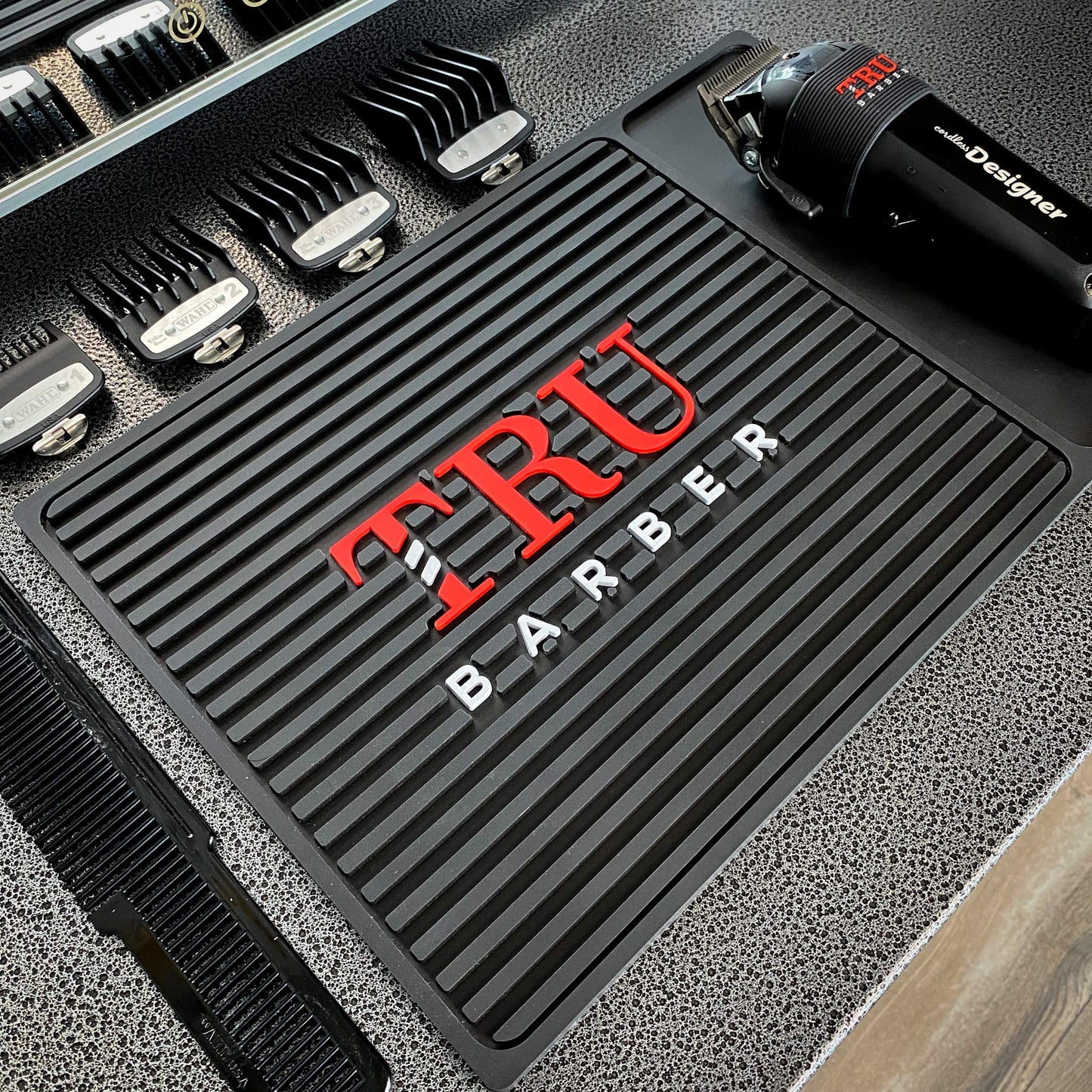 TRU BARBER ORGANIZER MAT 14”X 9" (BLACK/RED) Flexible PVC Station Mat, Professional Mat, Salon and Barbershop work Station pads, Beauty salon tools hairstylist, Counter mat for clippers, Anti slip