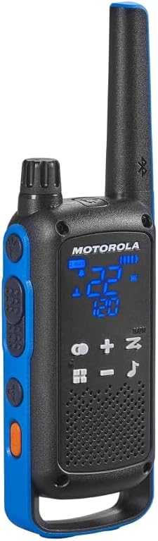 Motorola Solutions Talkabout Portable FRS T802 Two Way Radio 4 Pack Walkie Talkies Blue/Black 22 Channels 2 Dual Charger Docks 4 PTT Earpieces
