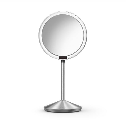 simplehuman Sensor Mirror Fold, 5'' with 10X Magnification, Round Rechargeable Travel Makeup Mirror, Tru-Lux® Full-Spectrum Light, Adjustable Brightness & Height, Brushed Stainless Steel