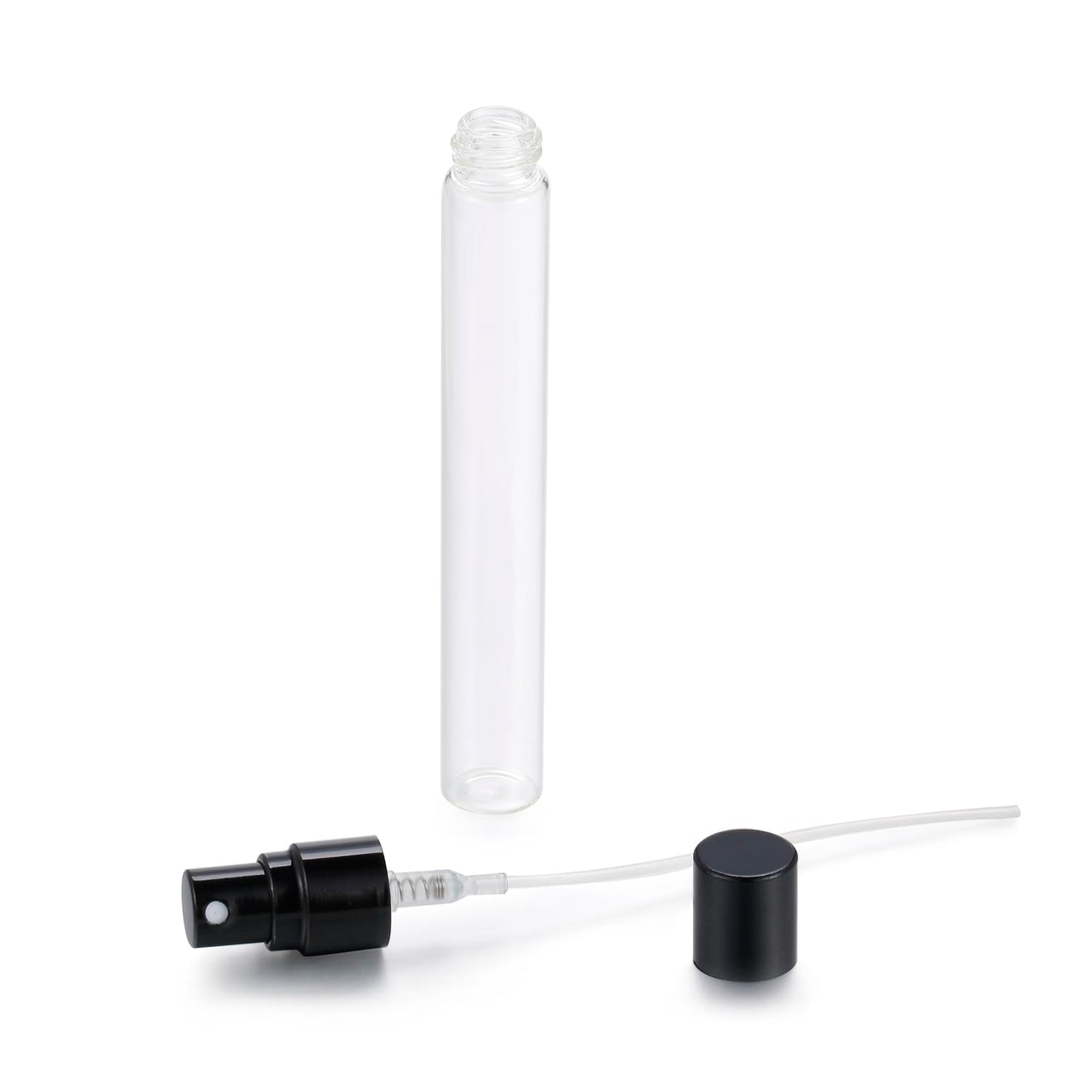 Jxcmeng 20Pcs 10ml Empty Clear Glass Mist Spray Bottle Refillable Mini Perfume Atomizer Travel Sample Bottle with Black Aluminized Nozzle Makeup Container for Perfume (10ml Black Caps)