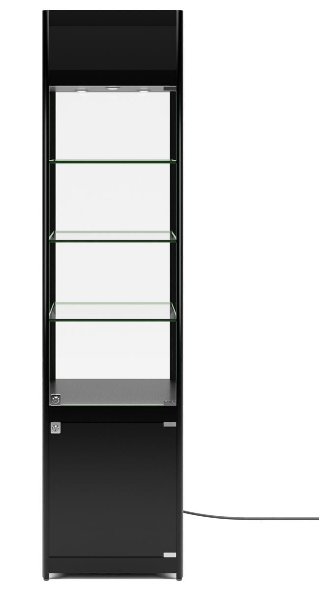 Displays2go, Glass Store Tower with LED Lighting, Laminated MDF, Tempered Glass Construction – Black (SCTWRLEDB)