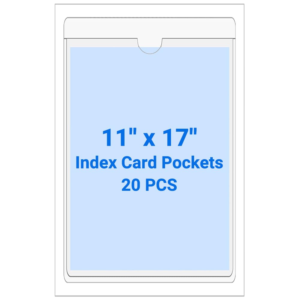 Kvatr-X 20 PCS Clear Self Adhesive Plastic Label Pockets, Top Loading Business & Library Index Card Holders, Peel and Stick Sleeves for Storage Bins, Totes, Binders and Drawers (11 x 17 Inch)