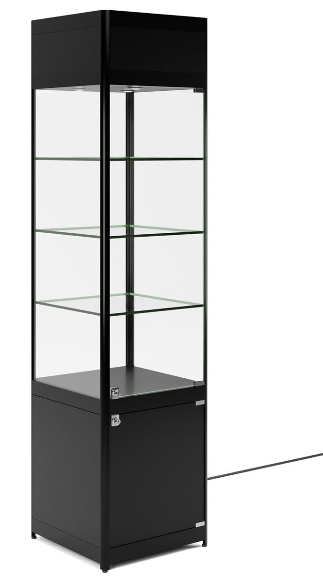 Displays2go, Glass Store Tower with LED Lighting, Laminated MDF, Tempered Glass Construction – Black (SCTWRLEDB)