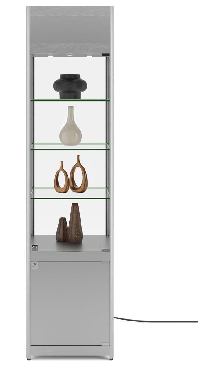 Displays2go, Retail Showcase Tower with Lighting, Laminated MDF, Aluminum, Tempered Glass, Silver (SCTWRLEDS)