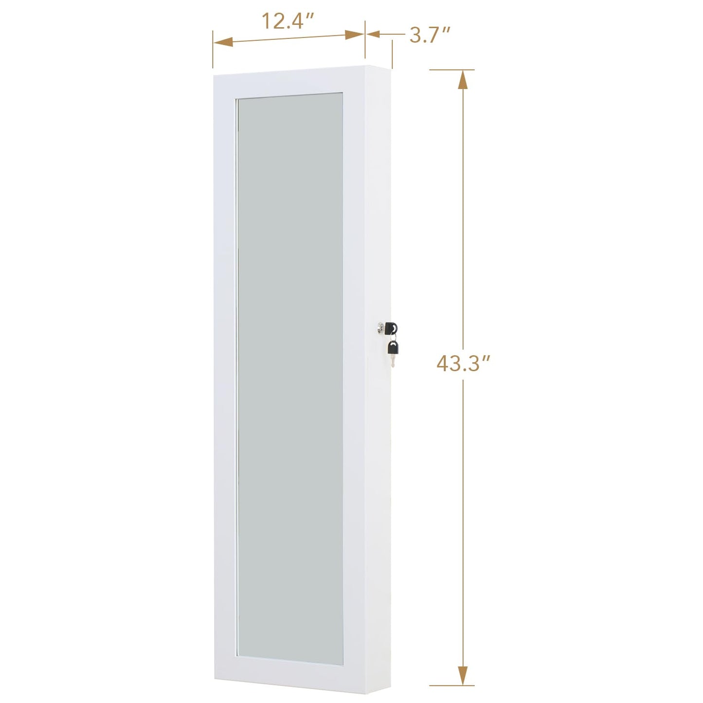 MASMIRE Full Length Mirror Jewelry Cabinet Organizer Lockable Door Wall-Mounted Jewelry Armoire with Shelves and Behind-the-Door Storage - White
