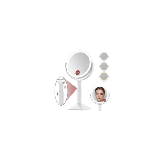 Benbilry 20X Magnifying Mirror with Light, Rechargeable 4000mAh Lighted Makeup Mirror with Magnification, Adjustable Height, 3 Color Modes, 2-Sides Vanity Mirrors for Desk Bathroom Bedroom, White