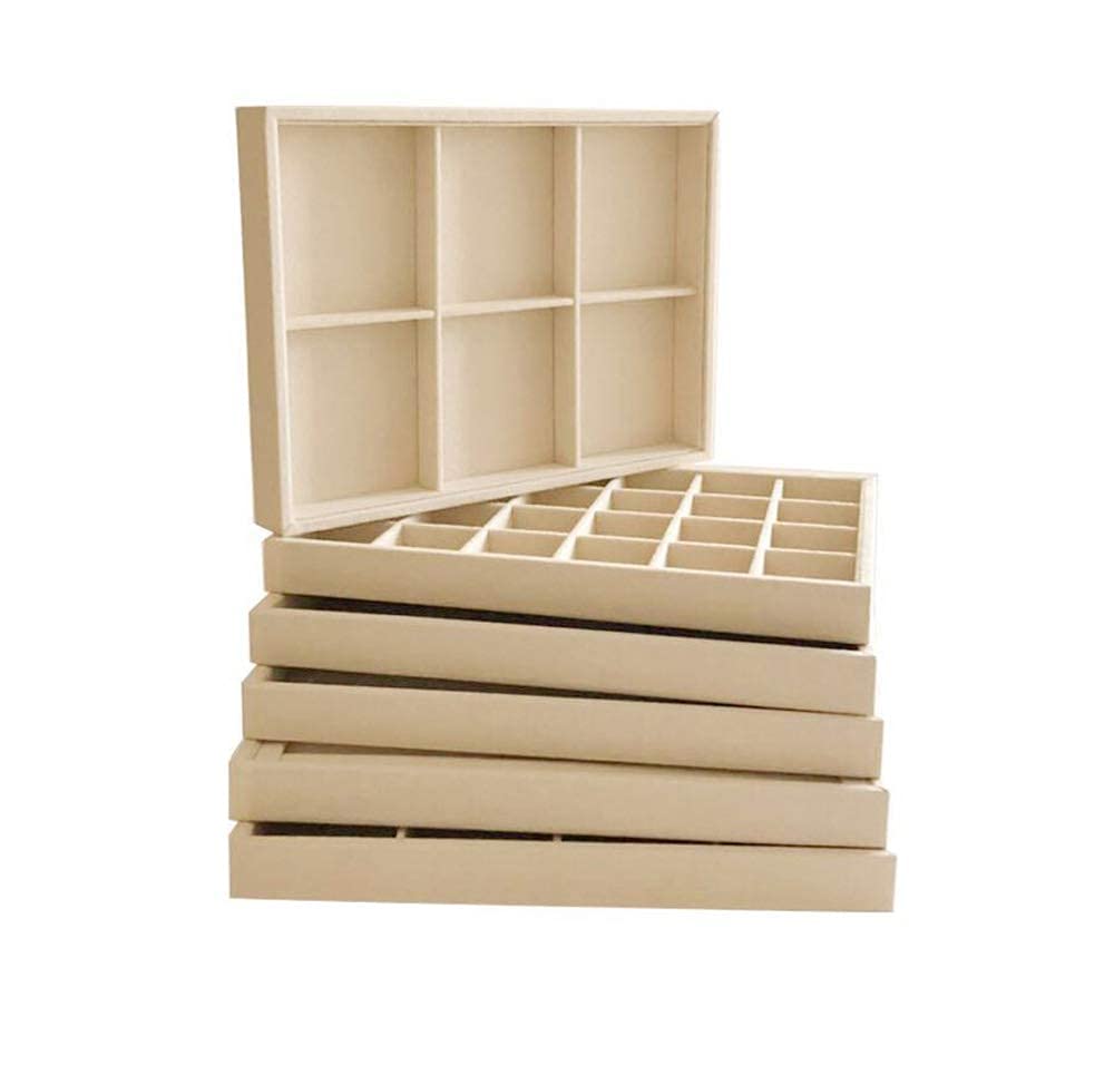 Beige Jewelry Organizer Tray 6 Compartment Medium, Stackable Display Tray for Watches Earrings Bracelets Necklaces, Removable Dividers, Slim Drawer Insert, Dressing Table Vanity Home Retail