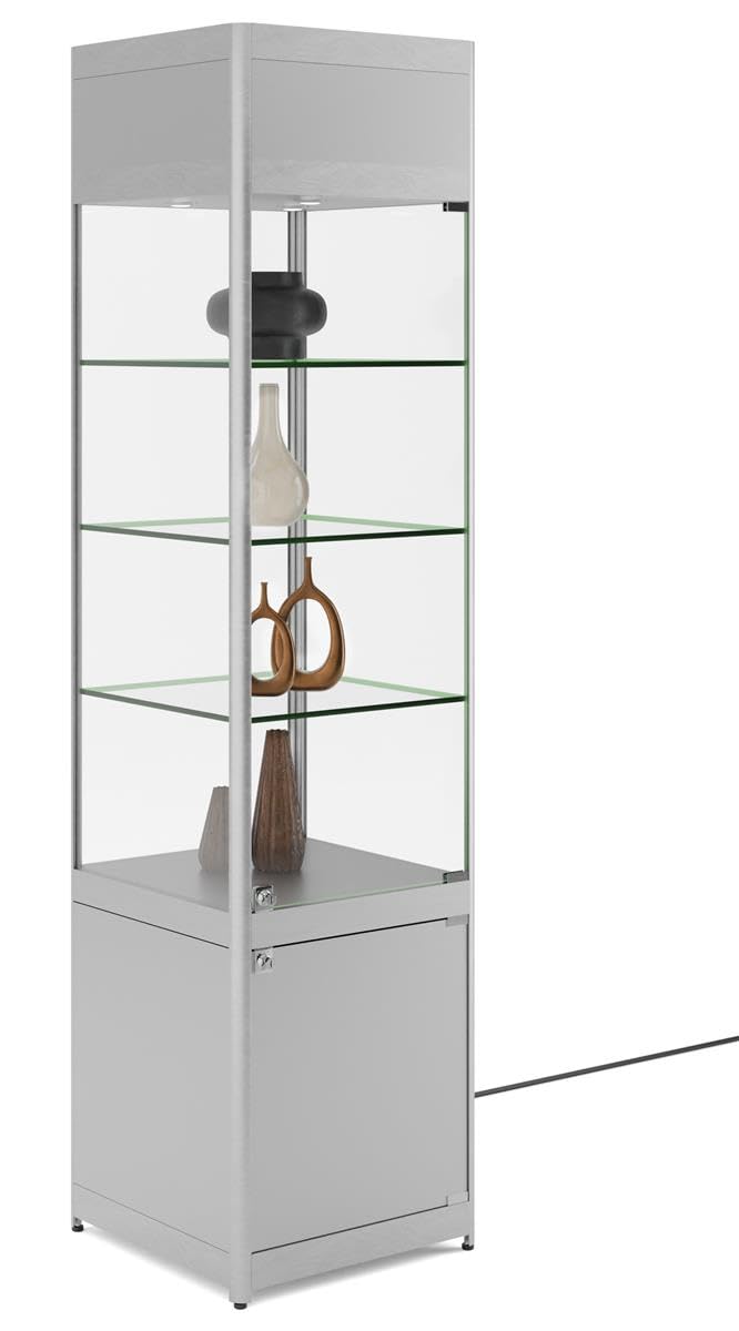 Displays2go, Retail Showcase Tower with Lighting, Laminated MDF, Aluminum, Tempered Glass, Silver (SCTWRLEDS)