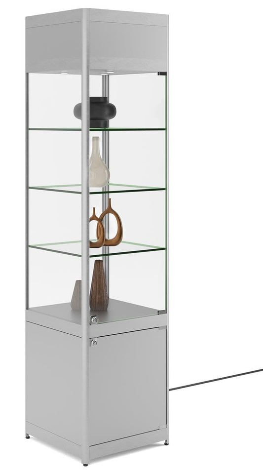 Displays2go, Retail Showcase Tower with Lighting, Laminated MDF, Aluminum, Tempered Glass, Silver (SCTWRLEDS)