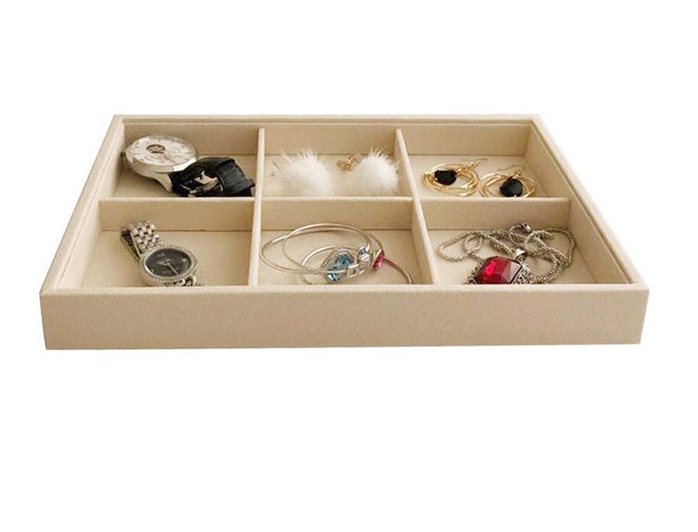 Beige Jewelry Organizer Tray 6 Compartment Medium, Stackable Display Tray for Watches Earrings Bracelets Necklaces, Removable Dividers, Slim Drawer Insert, Dressing Table Vanity Home Retail