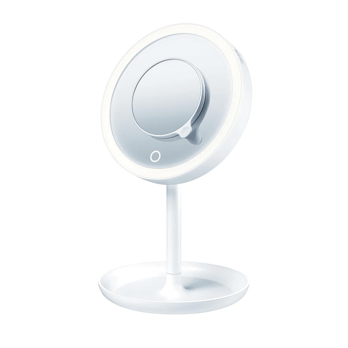 Beurer Illuminated 5X Vanity and Cosmetics Mirror, Touch Sensor Surface, Storage Tray, with Portable, Magnetic Magnifying Makeup Mirror, White LED Light and Dimmer, Cordless, 360° Rotation, BS45