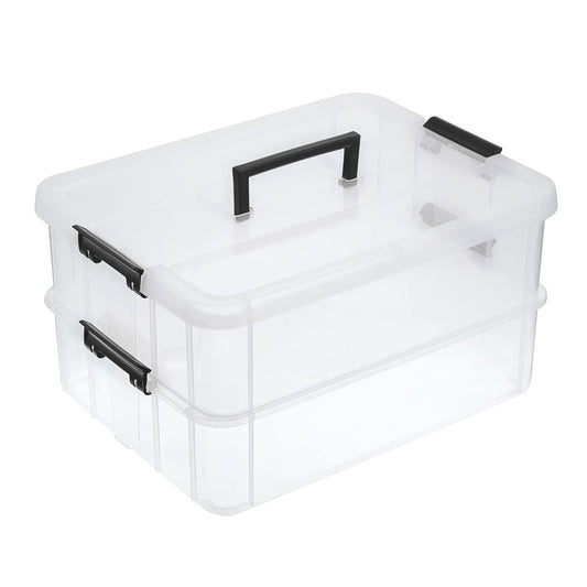 BTSKY 2 Layer Stack & Carry Box, Plastic Multipurpose Portable Storage Container Box Handled Organizer Storage Box for Organizing Stationery, Sewing, Art Craft, Jewelry and Beauty Supplies Black