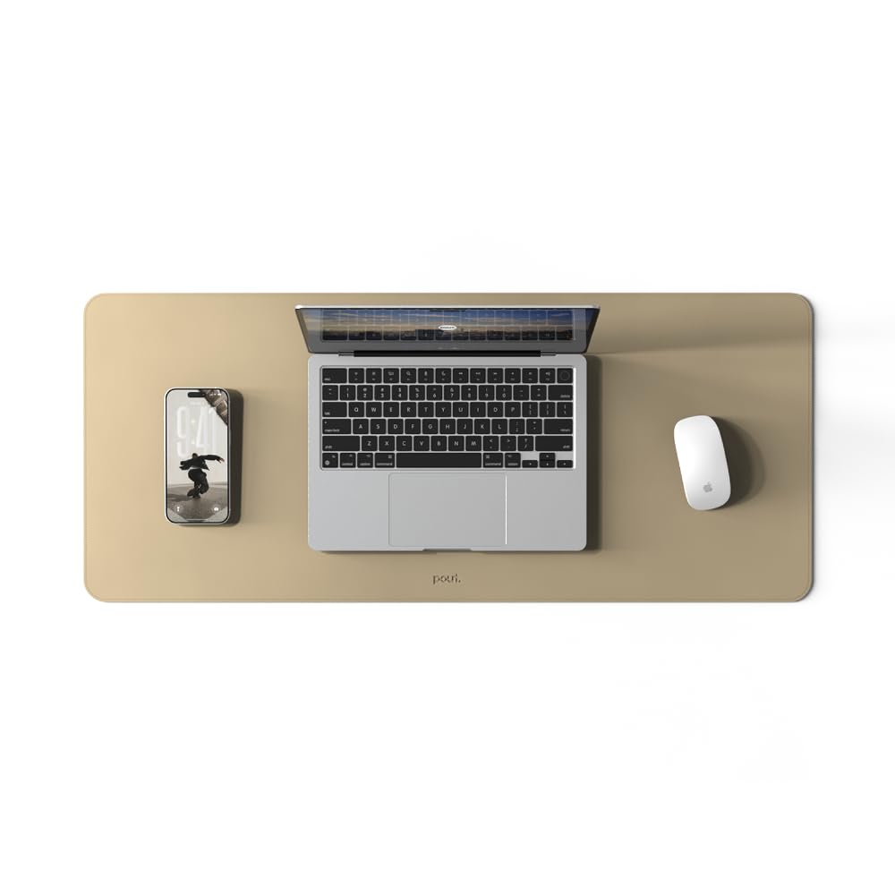 POUT TekDec Mat – Vegan Leather Desk Pad (31.5×13.4in / 80×34cm), Water-Resistant Surface, Anti-Slip Base, Scratch & Heat Protection, Multi-Functional Writing & Mouse Pad – Texas Sand