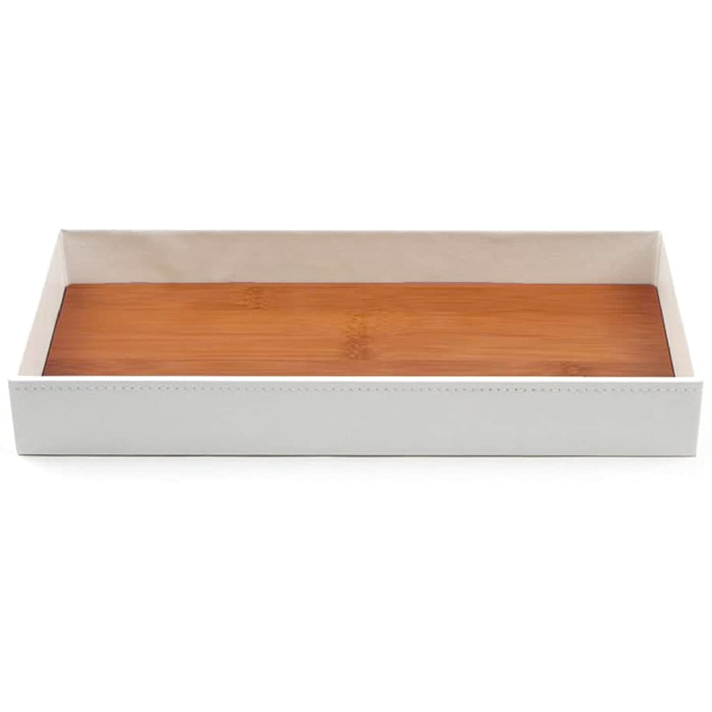 J JACKCUBE DESIGN Leather Bamboo Vanity Tray, Bathroom Organizer, Catch All Valet Tray for Women Perfume, Jewelry, Makeup, Candles, Key, Phone, Sunglasses (White)- MK205B