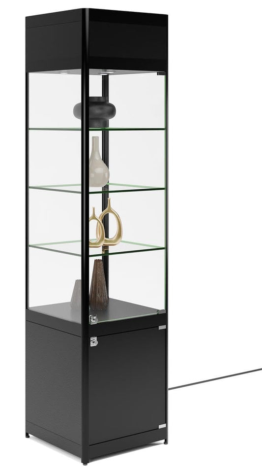 Displays2go, Glass Store Tower with LED Lighting, Laminated MDF, Tempered Glass Construction – Black (SCTWRLEDB)