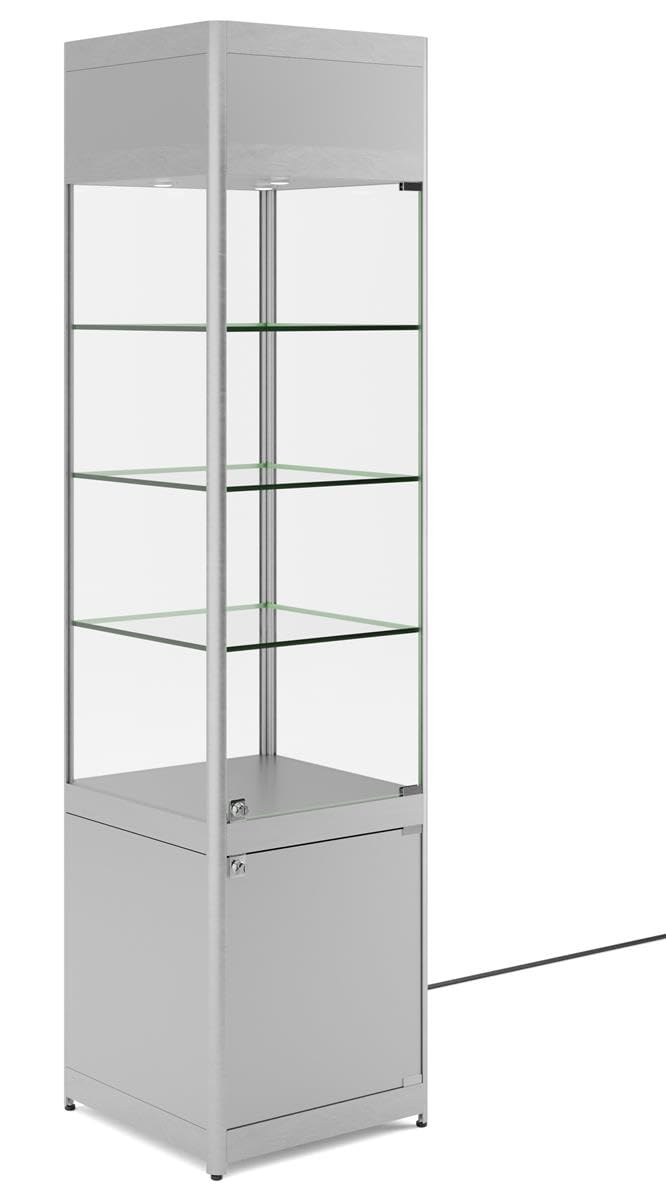Displays2go, Retail Showcase Tower with Lighting, Laminated MDF, Aluminum, Tempered Glass, Silver (SCTWRLEDS)