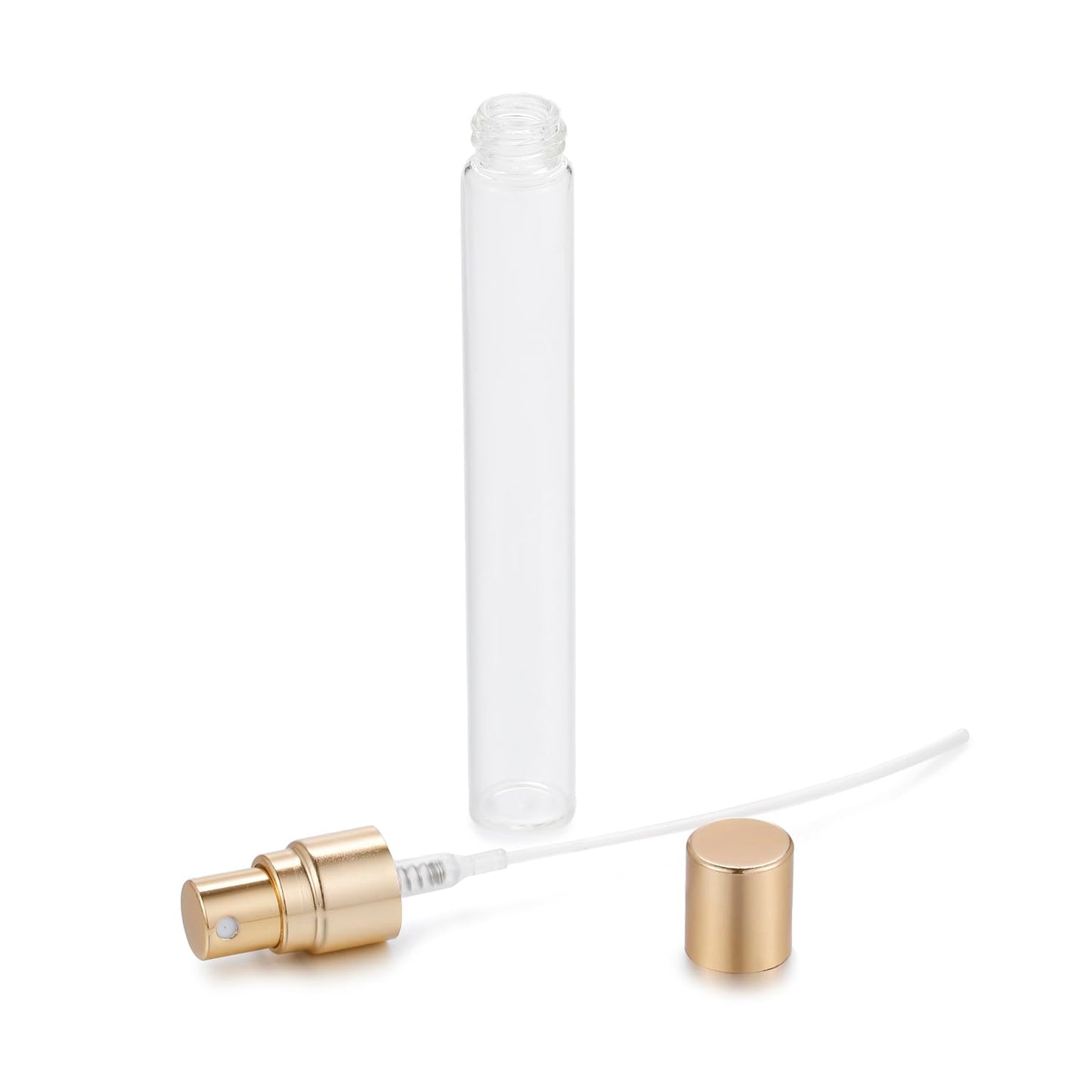 Jxcmeng 20Pcs 10ml Empty Clear Glass Mist Spray Bottle Refillable Mini Perfume Atomizer Travel Sample Bottle with Golden Aluminized Nozzle Makeup Container for Perfume (10ml Gold Caps)