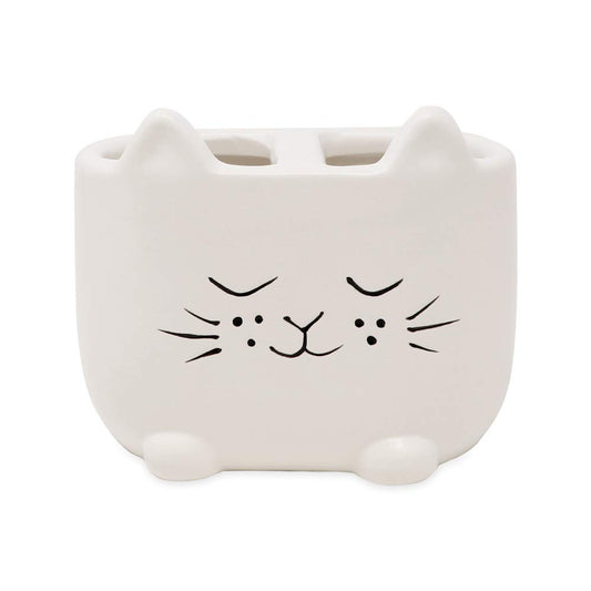 Isaac Jacobs White Ceramic Cat Makeup Brush Holder, Multi-Purpose 2-Section Organizer. Bathroom, Kitchen, Bedroom, Office Décor (2-Section Cup, Pastel White)