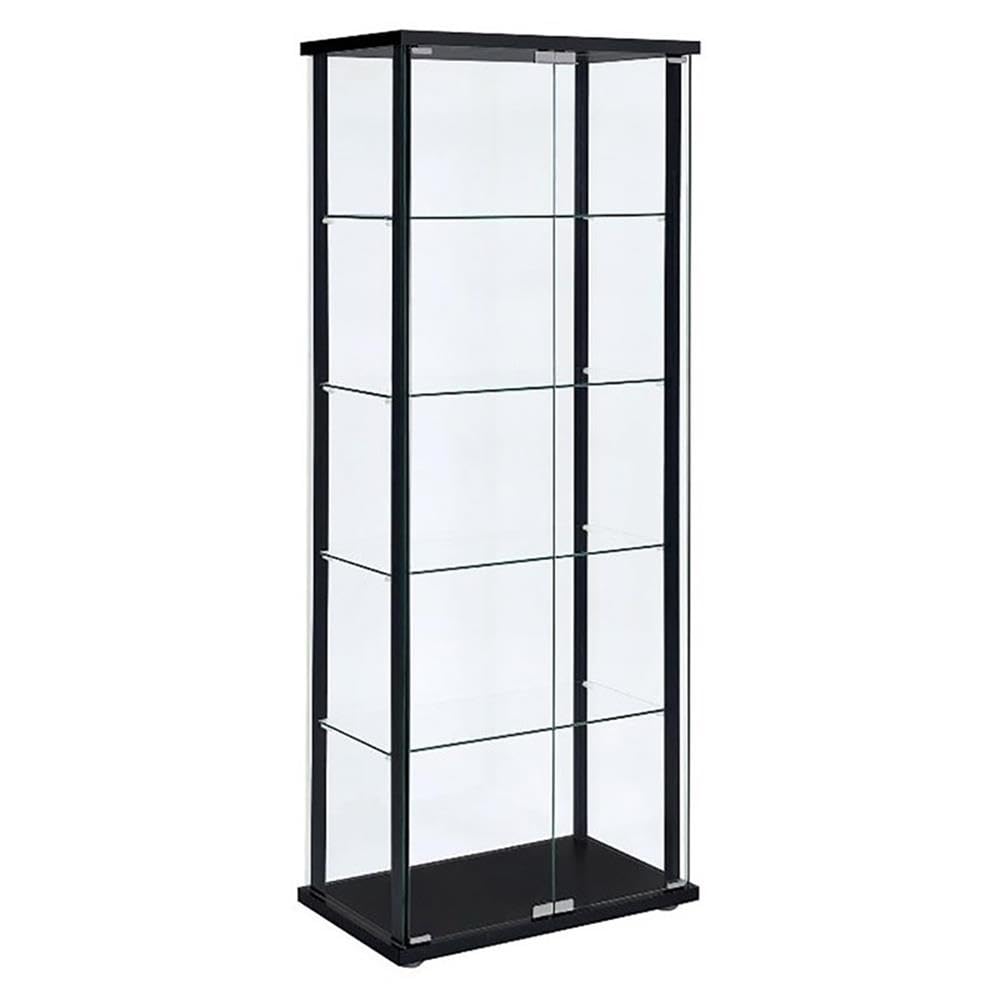 BOWERY HILL Contemporary Glass Wood Curio Cabinet, Black Finish, 5 Shelves, 64.25" H x 23.75" W x 14.5" D, Mirrored Back with Hinged Glass Door for Living Room or Dining Room Display