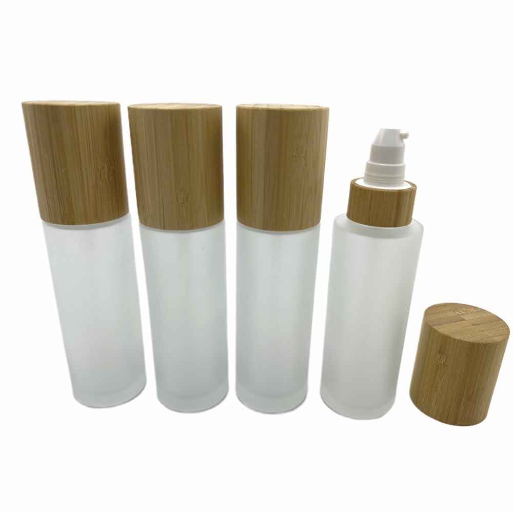 BEECO GIF2U Empty Cosmetic Bottles 3.3oz/100ml 4 PACK with Bamboo Cap,Frosted Glass Lotion Pump DispenserRefillable Emulsion Cosmetic Cream Bottles, Toiletries Refill Travel Containers(Frost Clear)