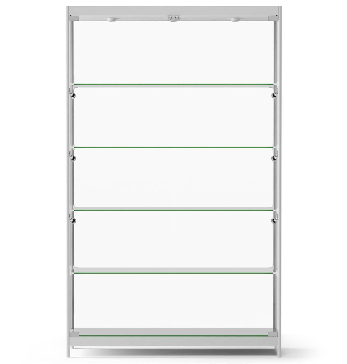 Displays2go Tempered Glass Display Cabinet with LED Lights, 48”W x 78”H – Anodized Aluminum & Melamine Shelving – Modern Display Case for Collectibles, Home Décor, and Retail – Silver