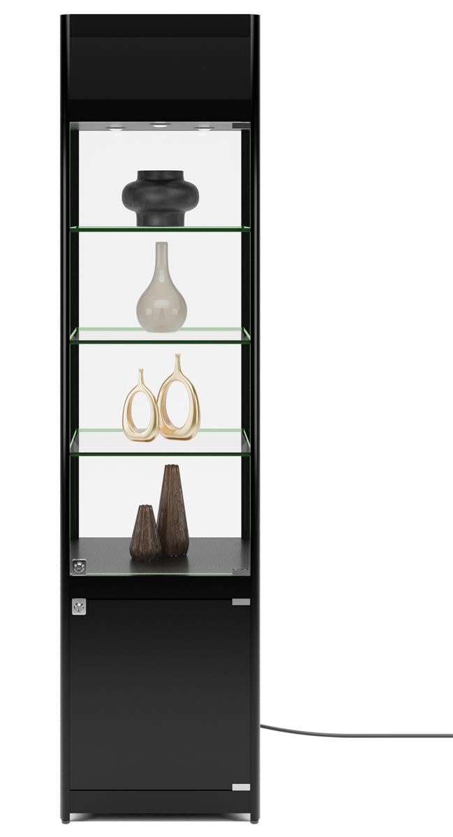 Displays2go, Glass Store Tower with LED Lighting, Laminated MDF, Tempered Glass Construction – Black (SCTWRLEDB)