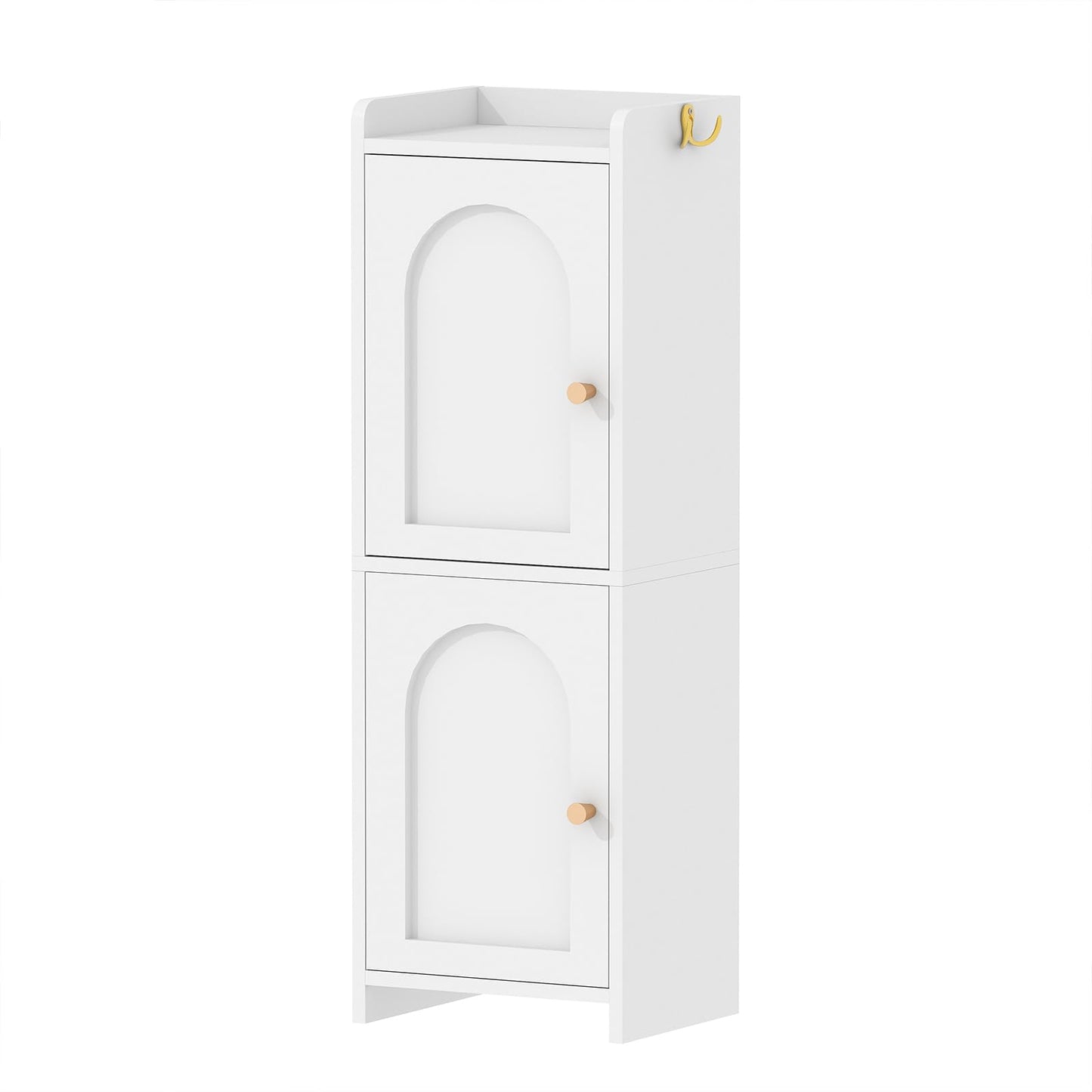 Arbuxzuy Small Bathroom Storage Cabinet,Corner Floor Cabinet with 2 Doors and Adjustable Shelf, Narrow Toilet Paper Cabinets with 2Hooks,Toilet Organizer for Small Spaces，7.87"D*9.84"W*29.72"H(White)
