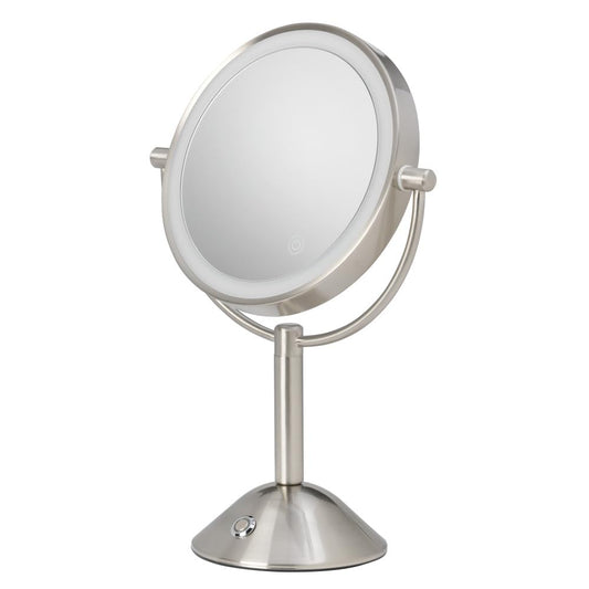 Tosca 8" LED Vanity Mirror with Lights, Brushed Nickel Tabletop Makeup Mirror, 1X/5X Dual-Sided Magnification, 3 Color Modes, Dimmable Touch Control, 1400 Lumen, CRI 90, AC Powered, Model 76-300-BN