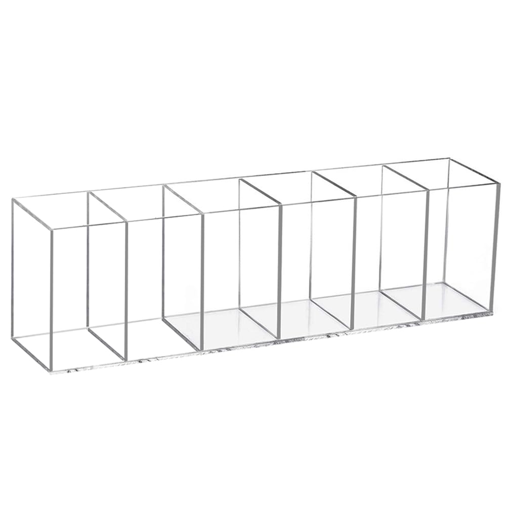Flytreal Acrylic Pen Holder for Desk, 6 Compartments Clear Pencil Marker Makeup Brush Stationery Organizer for Art Supplies, Desk Accessories, Office Supplies, Vanity, Bathroom, Kitchen