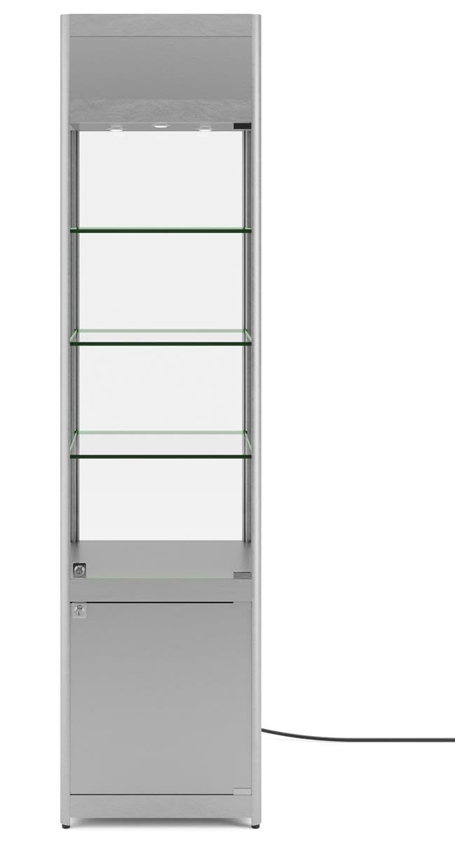 Displays2go, Retail Showcase Tower with Lighting, Laminated MDF, Aluminum, Tempered Glass, Silver (SCTWRLEDS)